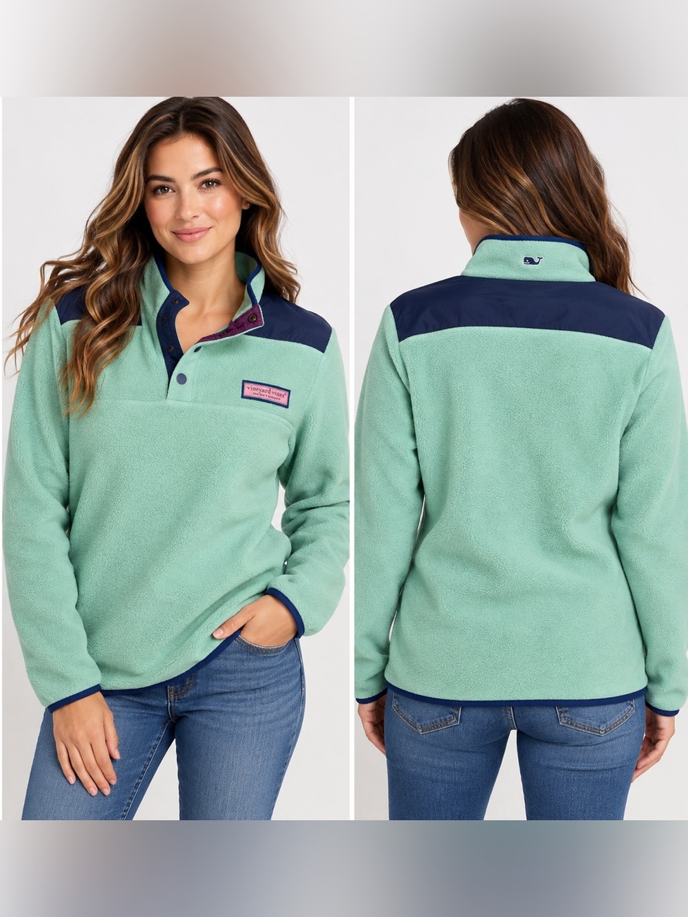 Vineyard Vines Shep Shirt Fleece Pullover Mint Green Navy Women’s Size L